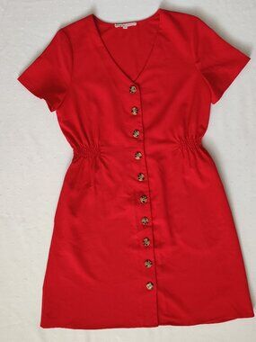 Cleo Red Button Front V-Neck Dress Small Short Sleeve Elastic Waist Mini.